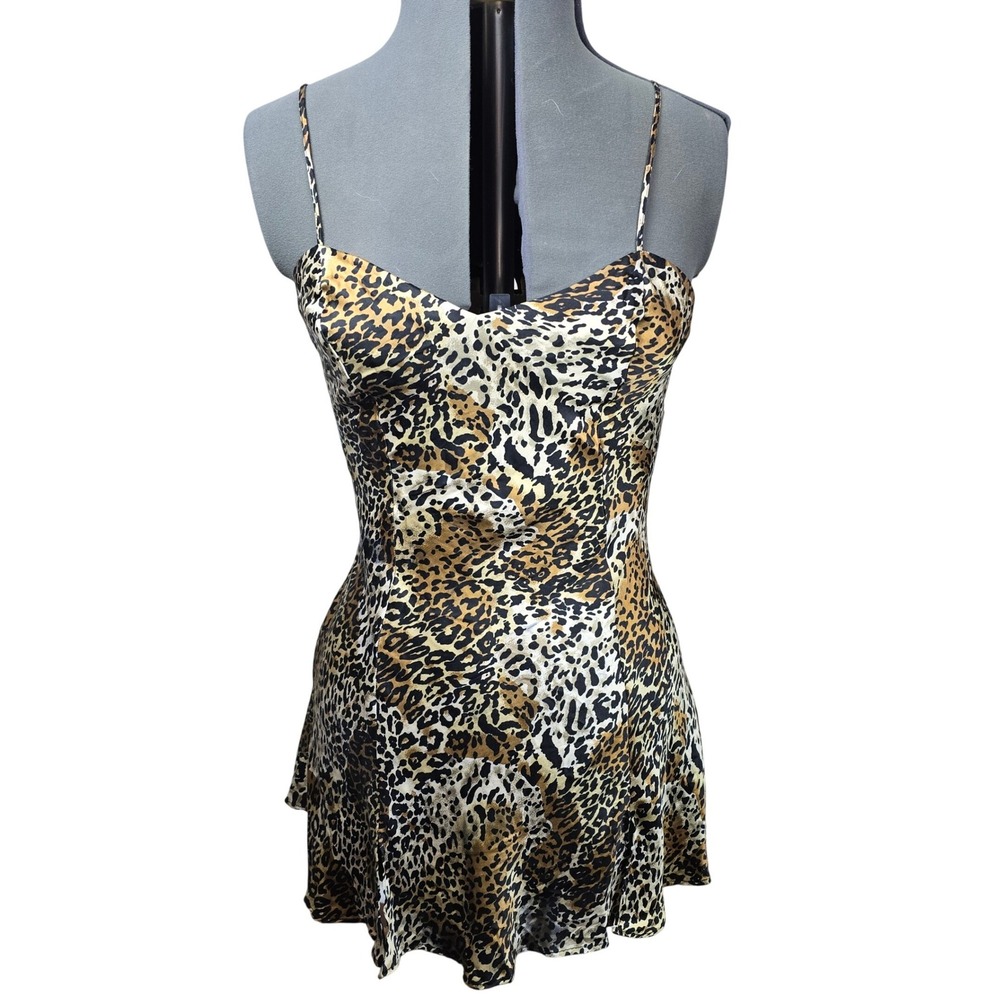 VTG Frederick's of Hollywood Leopard Print Silk Chemise Dress Lace Up Back Mini